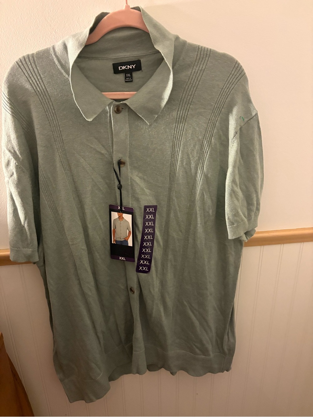 NWT DKNY Men’s Sage Green Knit Button Front Polo Shirt XXL